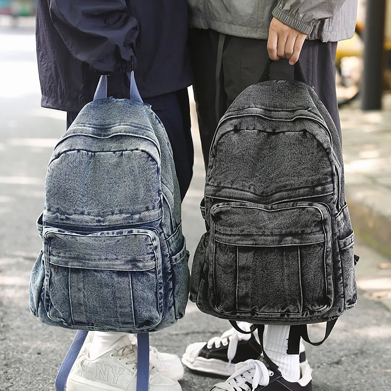 Retro denim backpack large capacity men's and women's outdoor sports travel backpack student schoolbag ita bag y2k