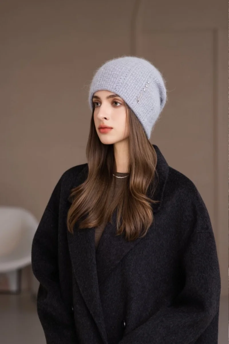 

1 шт., новая стильная зимняя женская шапка с украшением, шапка-бини для женщин, теплая зимняя шапка из меха кролика Y2K, женская уличная вязаная шапка