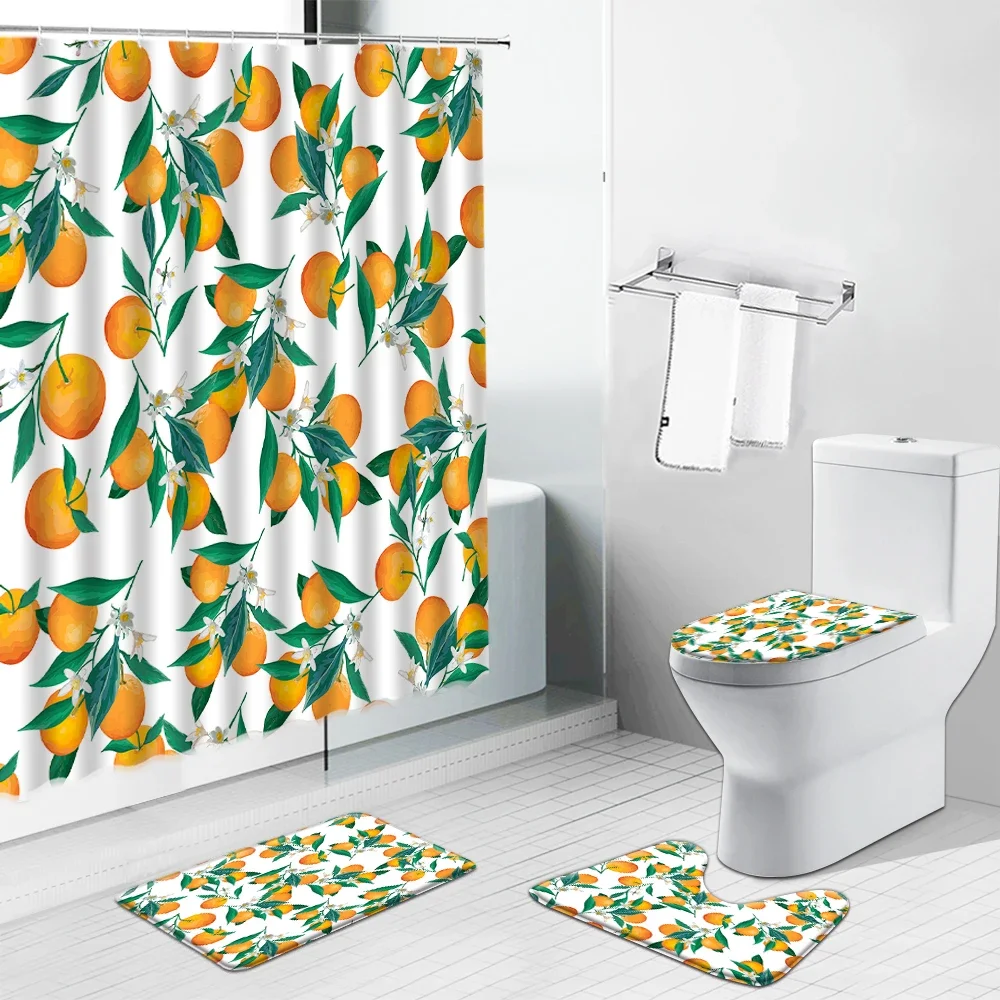 Tropical Fruit Lemon Yellow Shower Curtains Bathroom Decor Rug Set Non-Slip Bath Mat Toilet Cover Kitchen Carpet Cloth Curtain