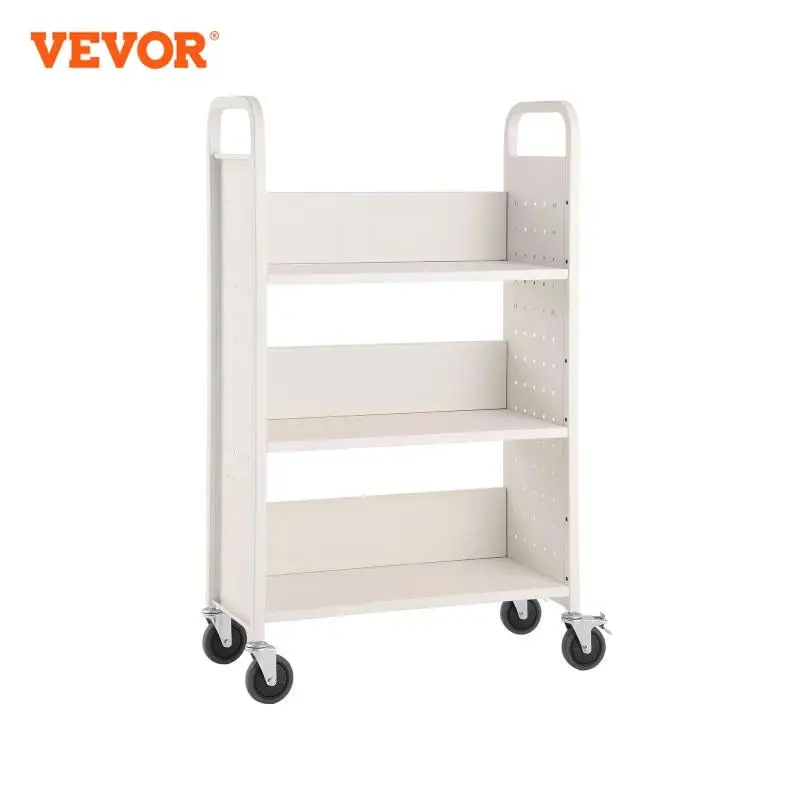 VEVOR 330lbs Library Book Cart L-Shaped Flat Shelves Rolling Book Cart with 4in Lockable Wheels For Schools Offices Bookstores