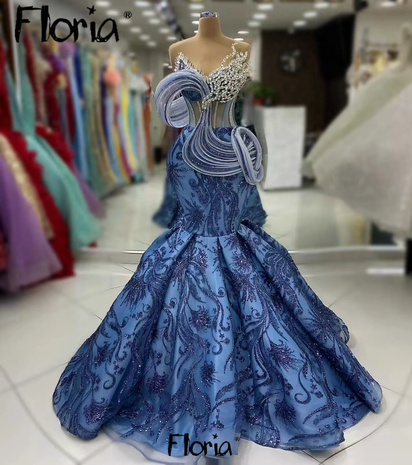 Embroidery Trumpet Blue Prom Dress Luxury Wedding Party Gowns Dubai Handmade Crystals Formal Occasion Dress For Black Girsls