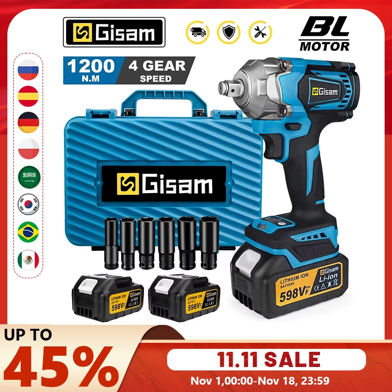 Gisam 1200N.M 토크 브러시리스 전기 임팩트 렌치 Makita 18V 배터리 핀용 1/2 인치 무선 렌치 스크루 드라이버 전동 공구