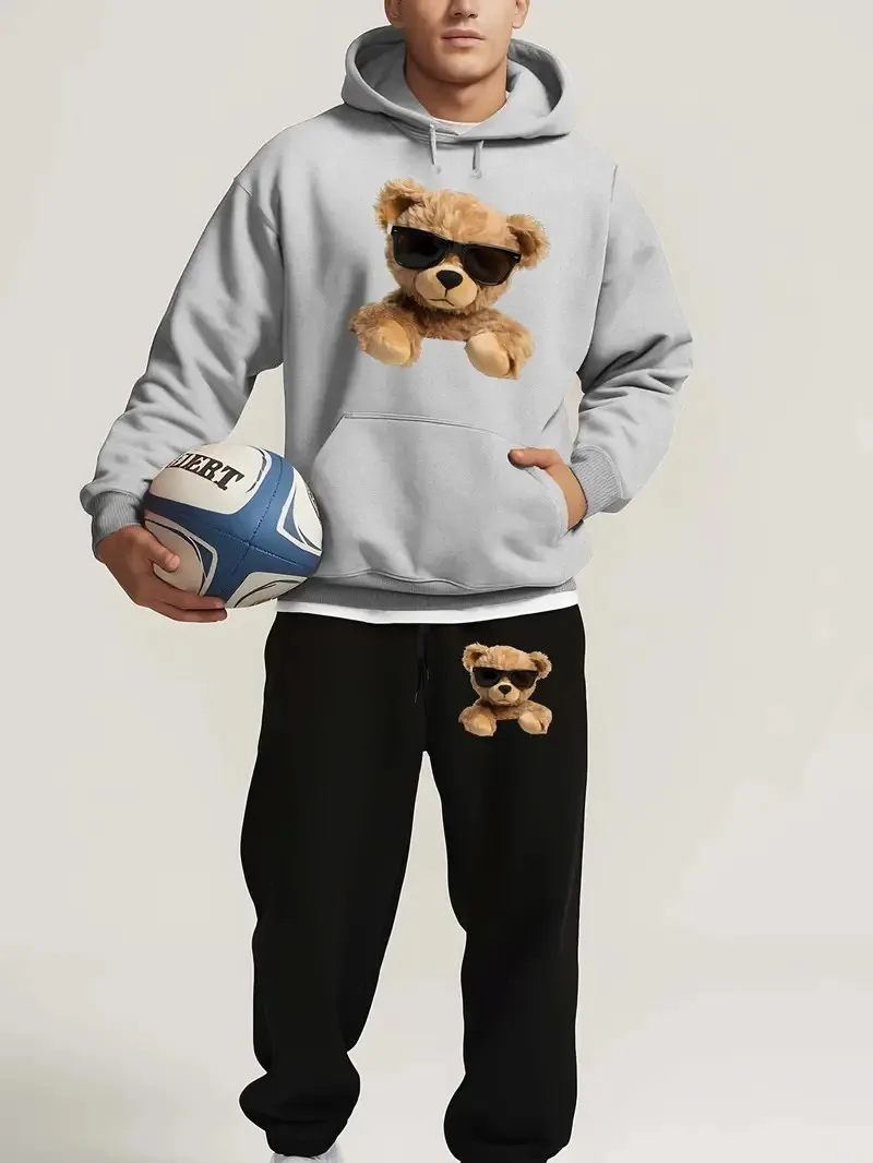 

The 2025 autumn new 3D bear print comfortable and casual men's outdoor sports sweatshirt and sweatpants set