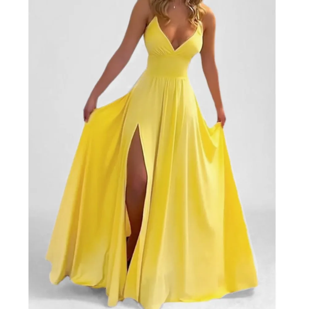 

Solid Color Suspender Sexy Slit Long Dress Spring Women's Clothing Ear Fungus Edge Sleeveless Off Shoulder V-neck Ball Dress