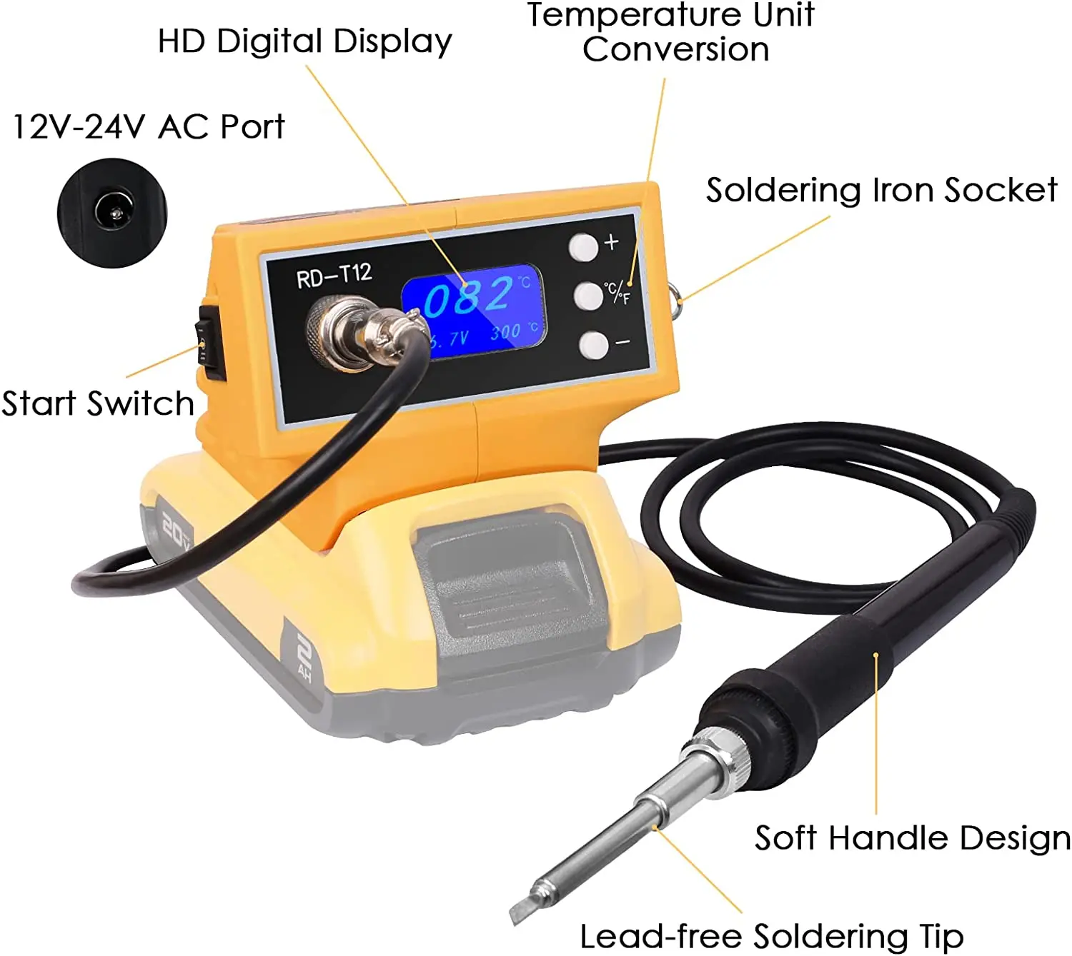 Беспроводная паяльная станция Dewalt 18 в 20 в, с цифровым дисплеем, преобразователем ° C/° F, сварочный инструмент «сделай сам» (без батареи)