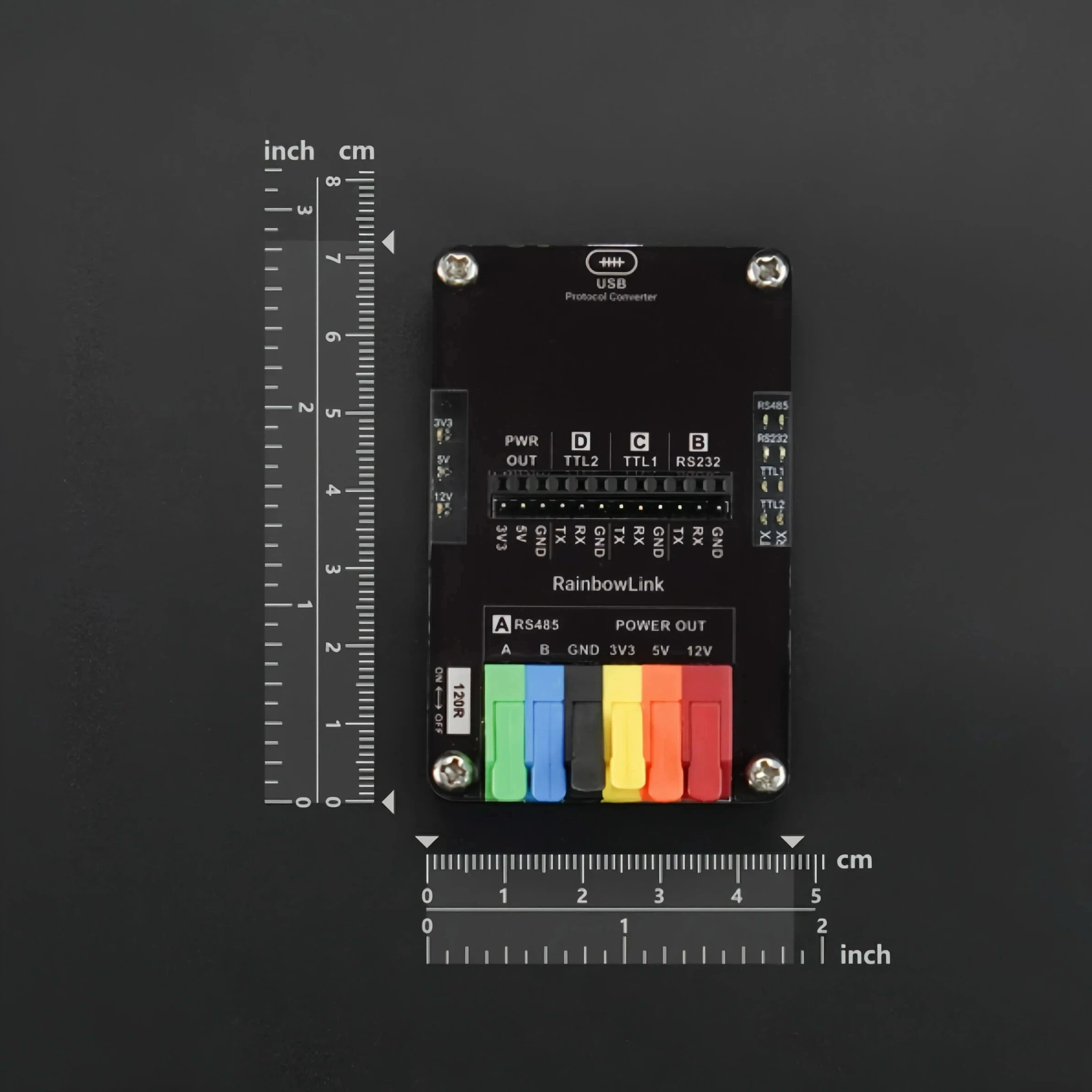 RainbowLink V1 USB Converter 4-in-1 RS485/RS232/2xTTL with 12V/5V/3.3V Output, Tool-Free Lever Terminals for Industrial IoT
