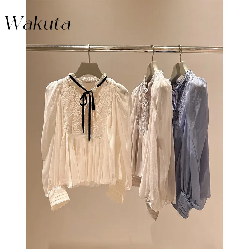 WAKUTA Early Spring Japanese Elegant and Sweet Round Neck Bubble Sleeve Blouses Commuter Lace Chiffon Printed Blouseブラウス シフォン