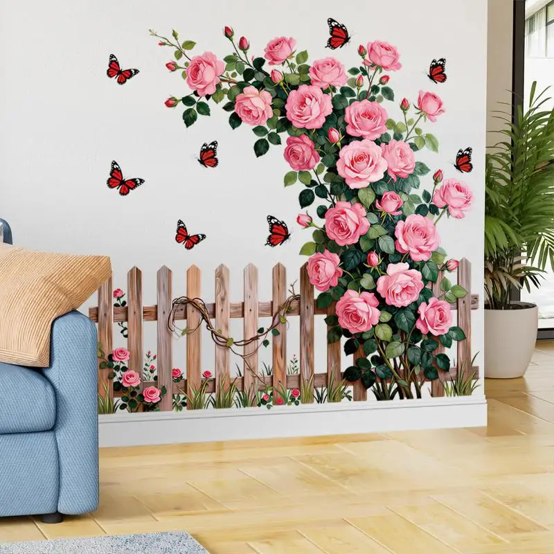 Romantic Rose Wall Decals, Rose Vine Fence Floral Stickers Wall Art Murals, Peel And Stick Self-Adhesive Stickers For Girls Bed