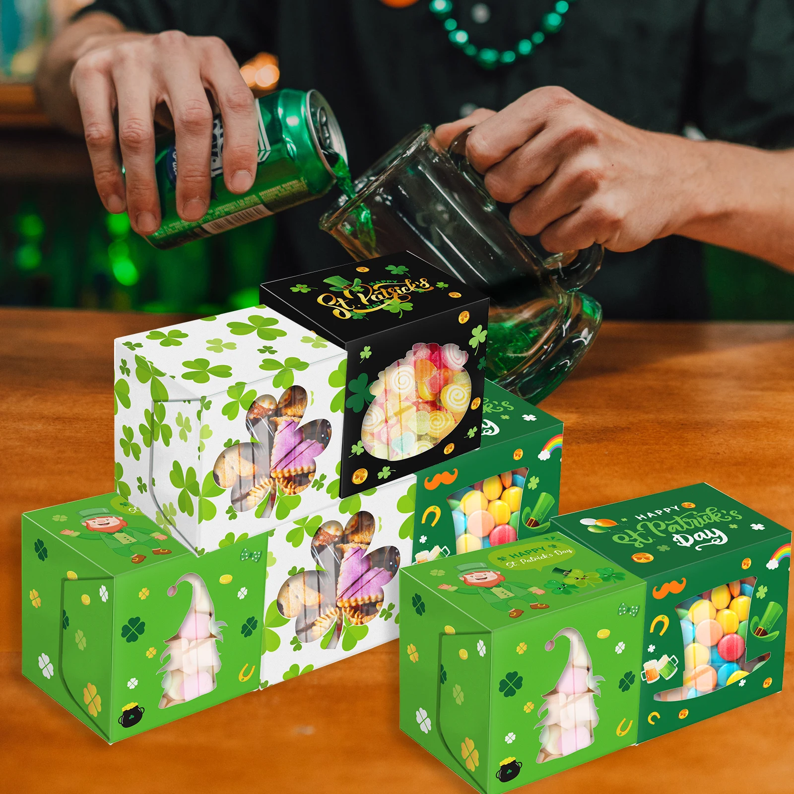 

HZ006 12Pcs Irish St. Patrick's Day Gifts Box with Window Cookie Candy Kraft Paper Gift Packaging Boxes Birthday Party Supplies