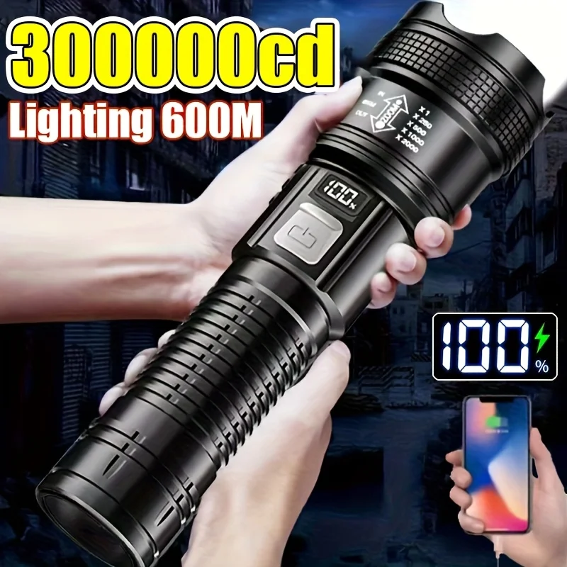 Super Bright LED Flashlight with Battery Display Rechargeable Light Telescopic Zoom Torch Lamp Outdoor Camping Fishing Lantern