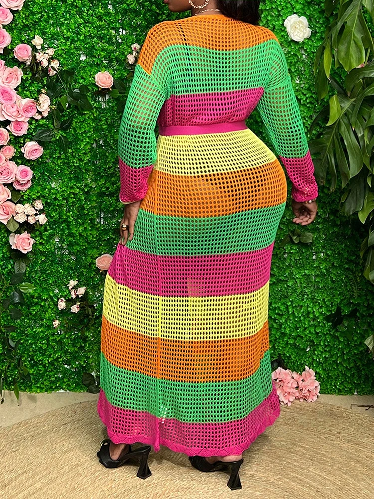 Plus size Women's colourful holiday style long knitted cardigan with belt Colour block knit openwork jumper