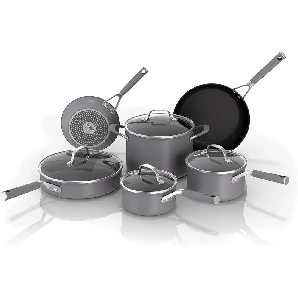 10-Piece Non-Stick Cookware Set with Comfort Grip, Frying Pan, Sauce Pan, Stock Pot, Lids, Dishwasher and Oven Safe to 400°