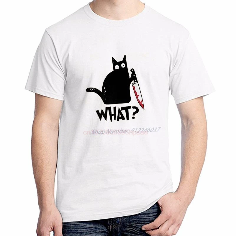 What Funny Black Cat T Shirt For Men Murderous Cat With Knife Halloween Printed Graphic T Shirts Cotton New Shirts And T-Shirts