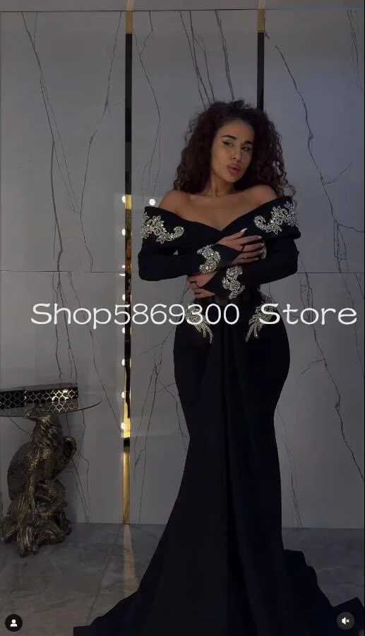 Black Long Mermaid Prom Formal Dresses Luxury Diamond Applique Off Shoulder Long Sleeve Evening Birthday Gown Customsized