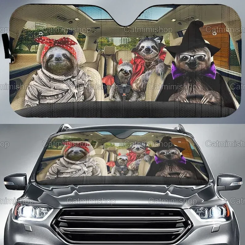 Sloth Halloween Car Sun Shade, Halloween Car Sun Shade, Sloth Auto Sun Shade, Car Decoration, Car Sun Protector, Mother Gift LNG