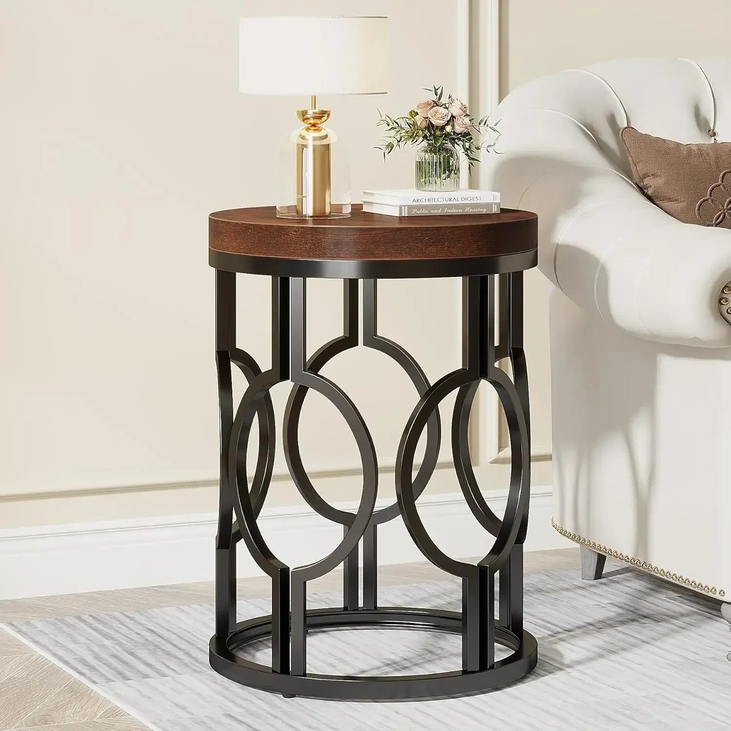 Round End Table, Industrial SideTable with Metal Hollow Frame, Small Bedside Table Nightstand for Living Room, Bedroom (1PC)