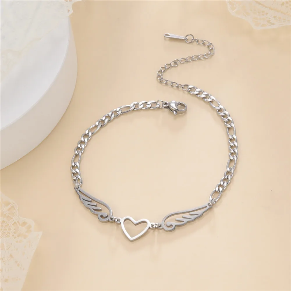 Skyrim Edelstahl-Fußkettchen für Damen mit Herz-Engelsflügel-Anhänger, Figaro-Kette, Fußkettchen, Strand-Accessoire, Geschenk – Detail 6
