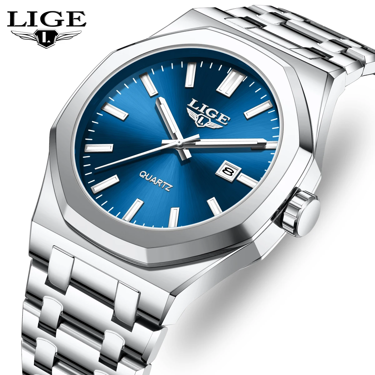 LIGE Watch For Men Original Top Brand Luminous Date Stainless Steel Men's Watches Business Waterproof Japan Movement Wristwatch