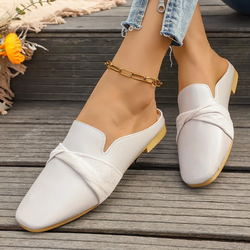 Women Mixed Fabric Twisted Strap Backless Mules Square Toe Slip On 2CM Low Block Heel Casual Office Flat Slippers
