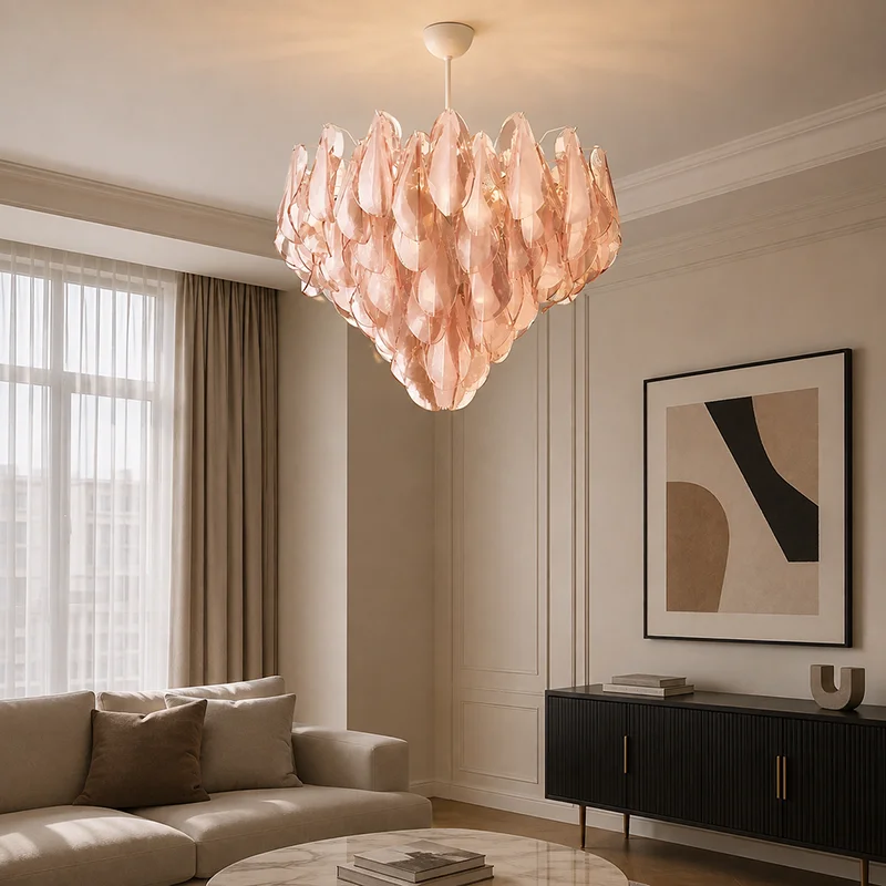 Retro Murano Glass Chandelier Luxury French Petal Glass Hanging Lamp for Living Room Villa Foyer Artistic LED Lightin Fixtures