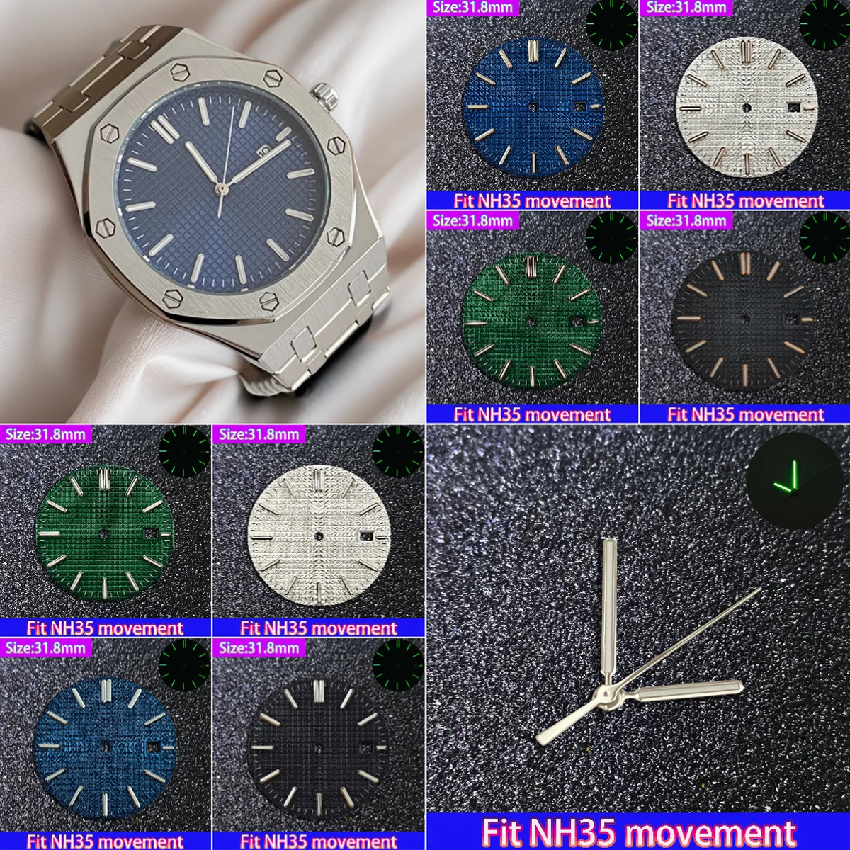 High Quality 31.8mm NH35 Dial Fit NH35 Automatic Movement Green Luminous Single Calendar Watch Modification Accessories