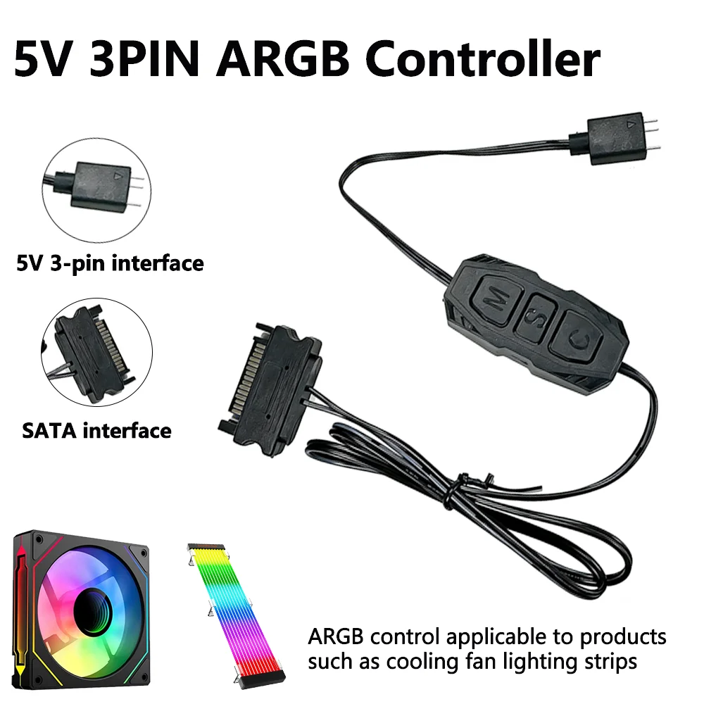 Controlador ARGB de 5V y 3 pines, cable de extensión de interfaz SATA a ARGB de 5V y 3 pines, cable controlador de sincronización RGB para ventilador de PC y tira de luces