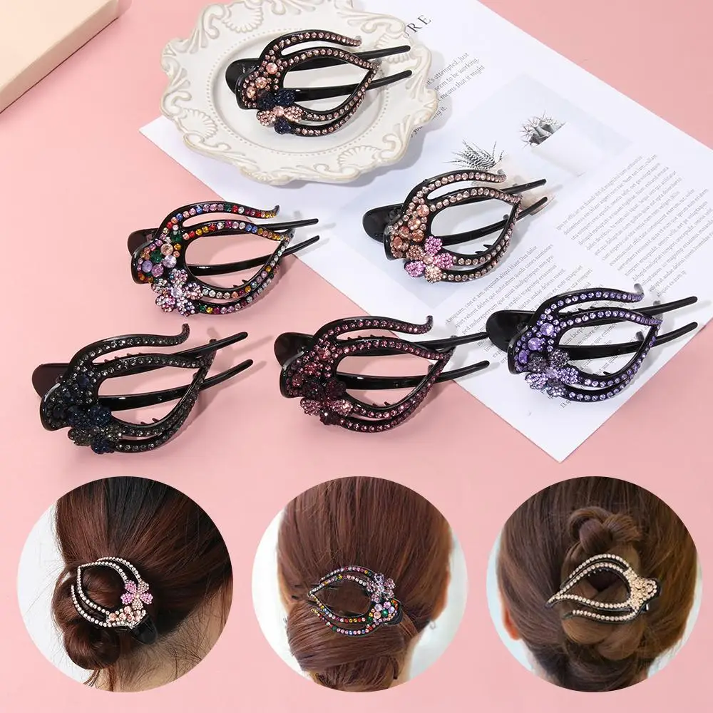 Fashion Women Hairpins Flexible Headwear Acrylic Heart  Flower Hollow Claws Rhinestone Hair Clip