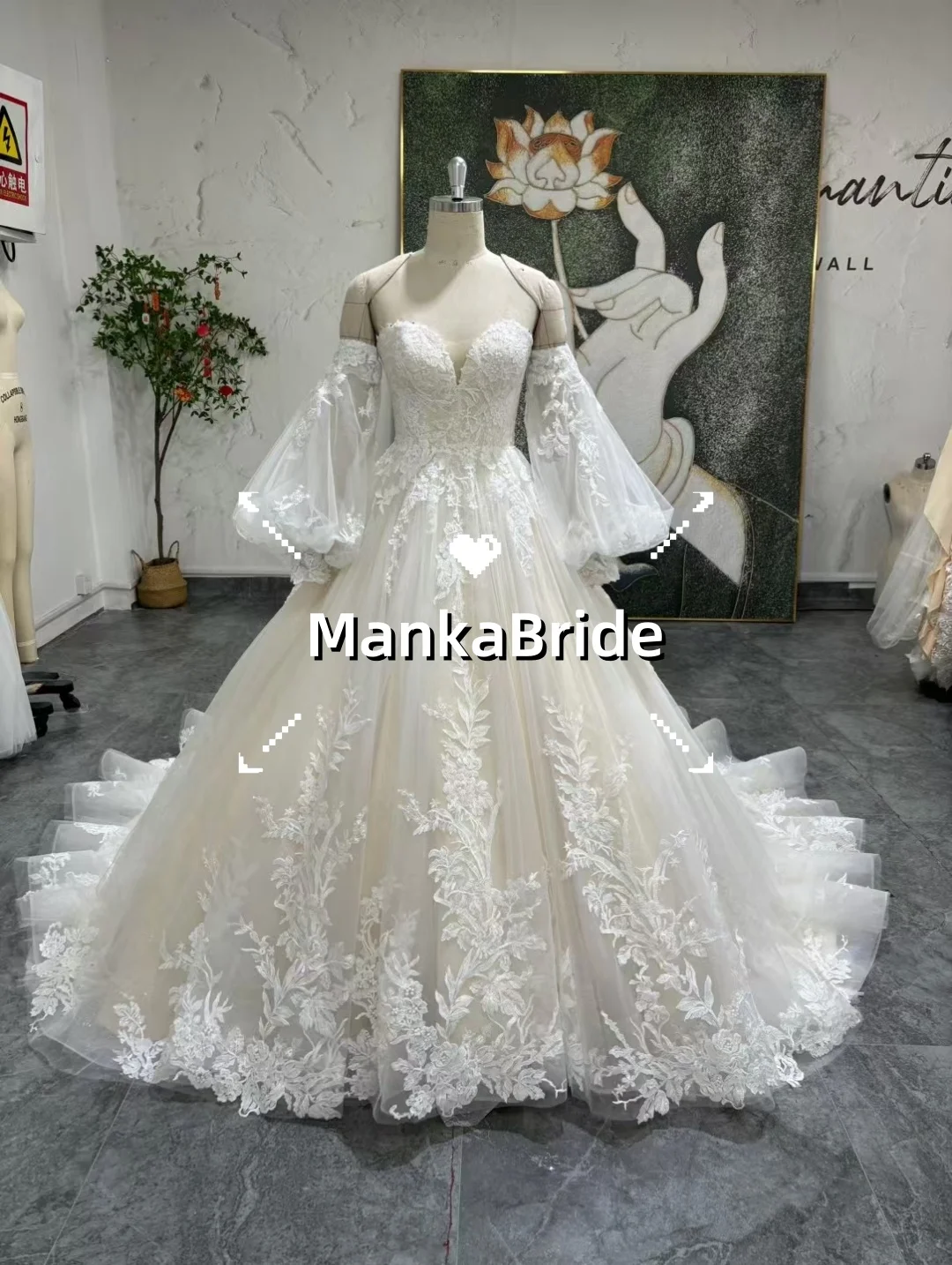 Vestidos de Noiva Ball Gown Sweetheart Appliques Princess Lace Wedding Dress with Detachable Sleeves