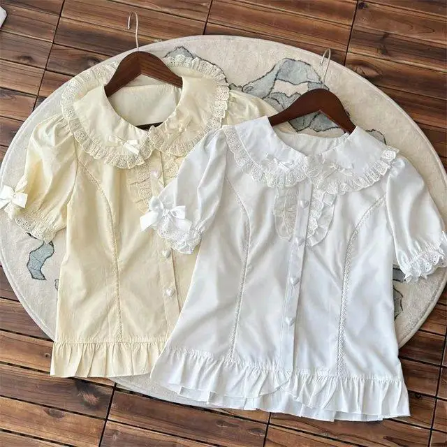 2026 New Sweet Lolita Style Solid Blouse Women Short Puff Sleeve Ruffled Peter Pan Collar Shirt Bow Lace Elegant Summer Top