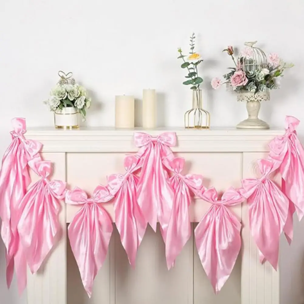 

Birthday Party Garland Valentine’s Day Bow Garland Banner Pink Satin Ribbon Bows Decoration Indoor Outdoor Party Home Wedding
