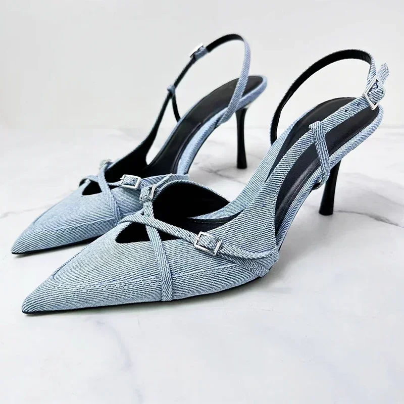 Pointed Toe High Heels Slingback High Heels 7CM Sandals 2024 New Denim Slingback Summer Women Punk Belt Pumps Sexy Party Shoes