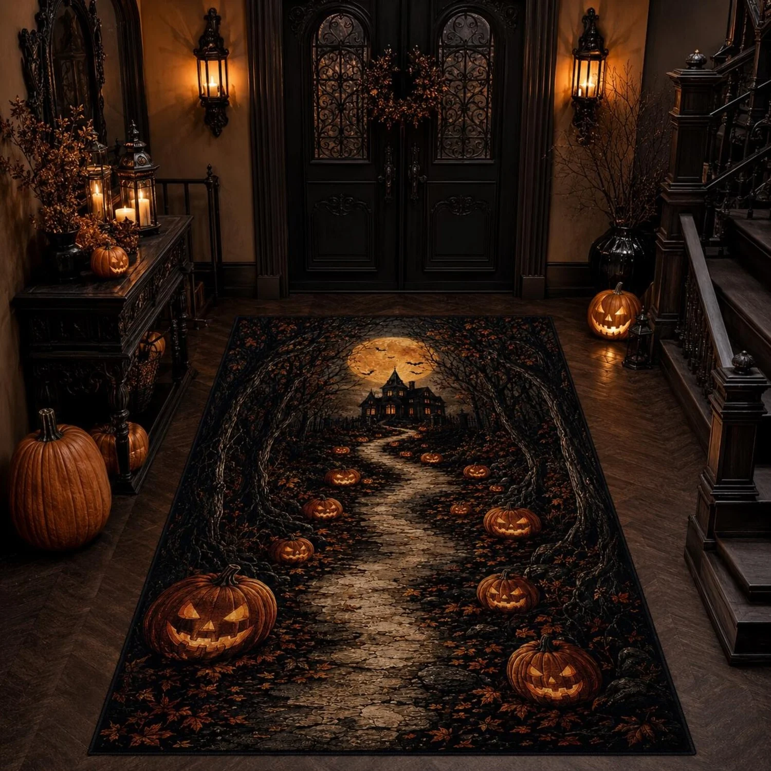 Haunted House Carpet, Pumpkin Path Artwork, Gothic Halloween Decorations.
