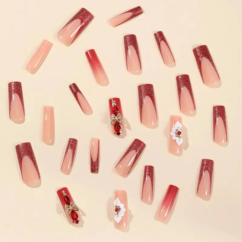 Imprensa francesa Wearable na unha, balé extra longo unhas falsas, design de strass vermelho, unhas acabadas arte, manicure de luxo, 24pcs