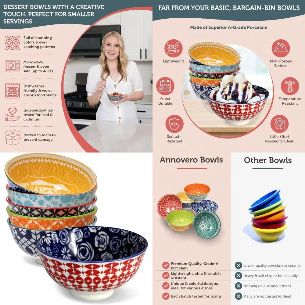 

Набор из 6 фарфоровых чаш для мороженого объемом 10 унций, идеально подходят для закусок, соусов, десертов и гарниров - можно использовать в микроволновой печи, посудомоечной машине и духовке.