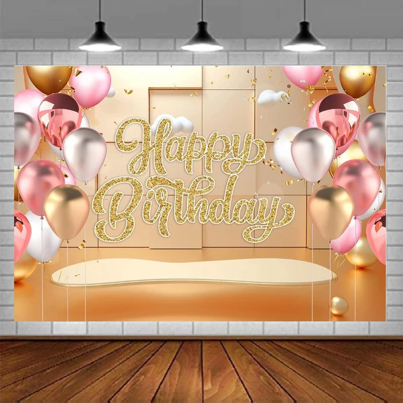 Photography Backdrop Gold Pink Balloons Glitter Golden Ribbon Boy Girl Women Birthday Party Decor Background Photo Studio Props