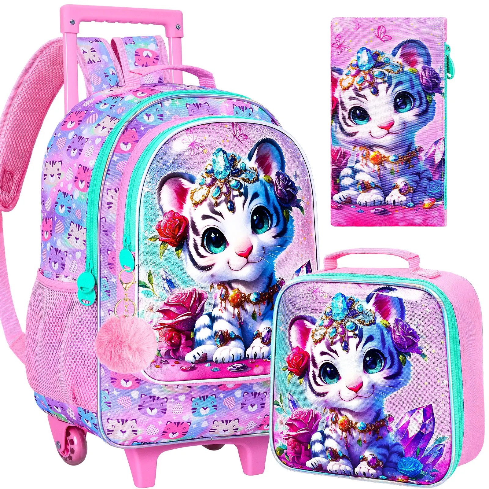 

3Pcs Rolling Backpack for Girls, Kids Roller School Backpack with Wheels, Tiger Wheeled Bookbag for Elementary Preschool Kinderg