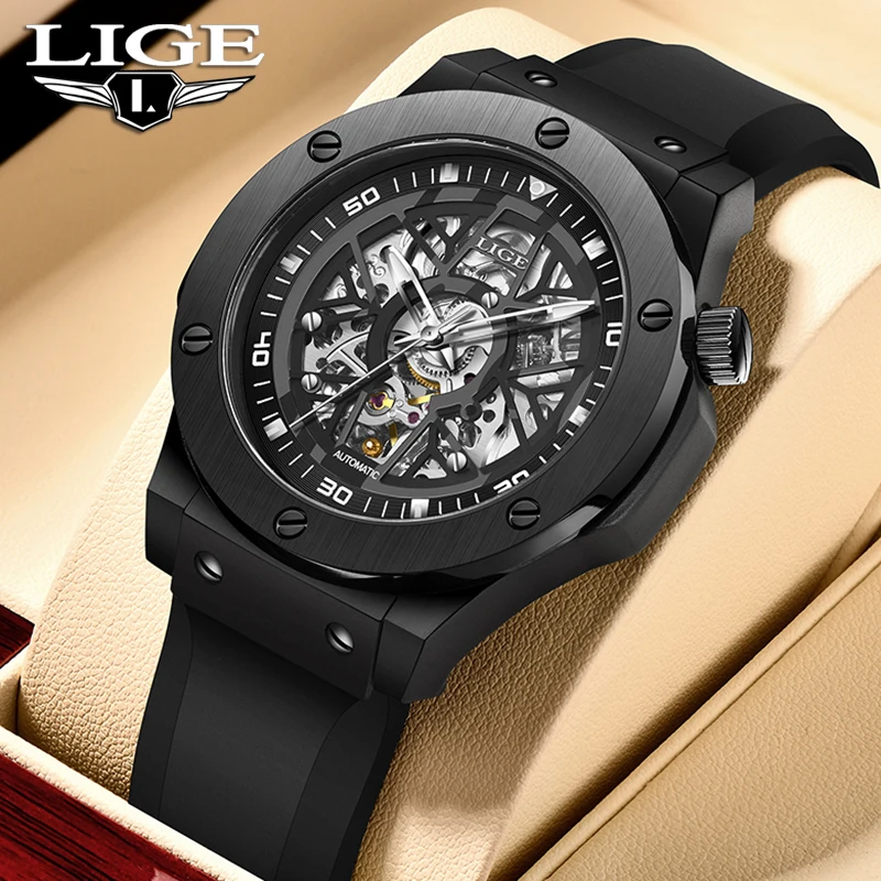 LIGE Hollow Out Design Automatic Watch For Men Luxury Stainless Steel Rubber Strap Mechanical Watch 30M Waterproof reloj hombre