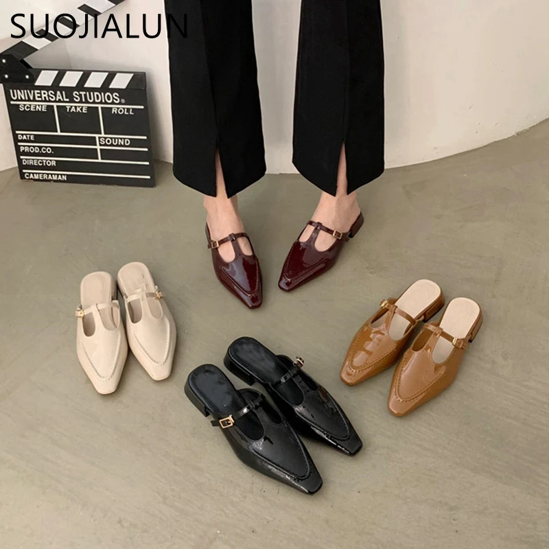 SUOJIALUN 2023 Summer New Women Slipper Fashion Slip On Ladies Elegant Mules Shoes Square Low Heel Dress Sandal Casual Slides