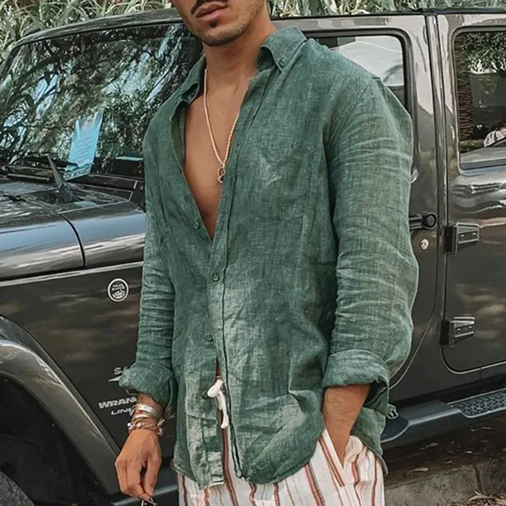 Men's Spring Summer Lightweight Shirt Long Sleeve Simple Basic Style Shirts Turn-down Collar Single Breasted Beach Tops