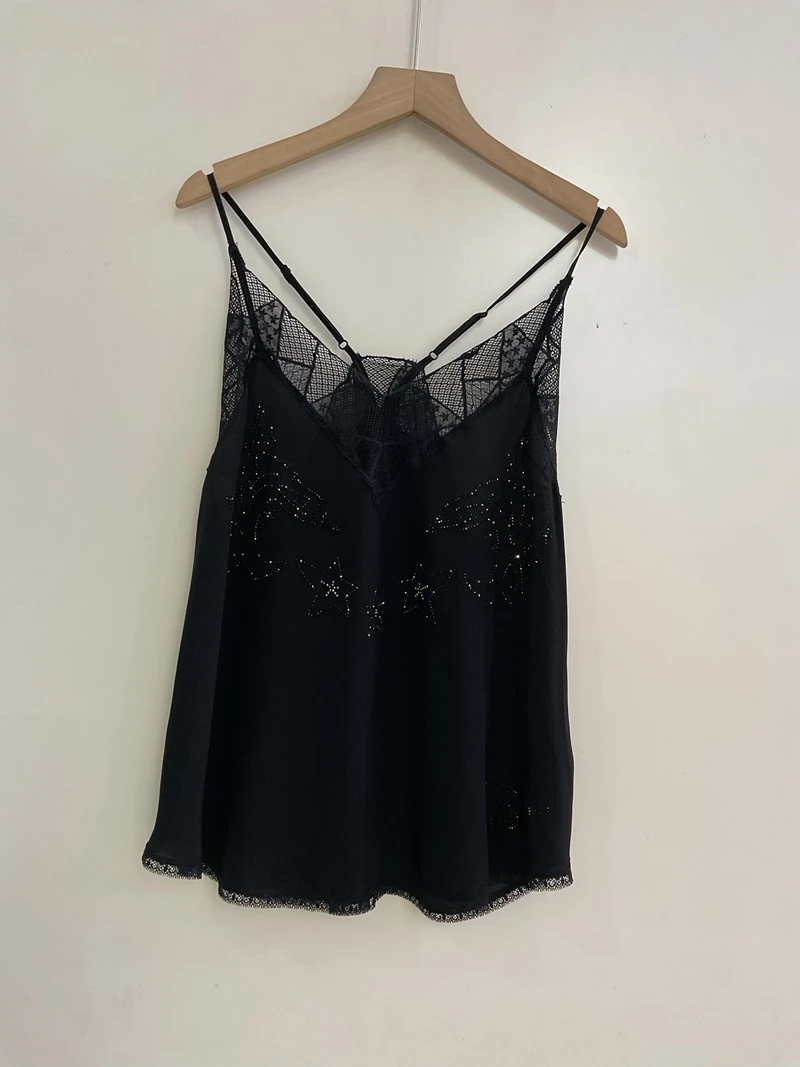 Ladies' Silk Lace V-neck Star Diamond Thin Shoulder Strap Camisole Elegant Sleeveless Daily Club Party Vest Top