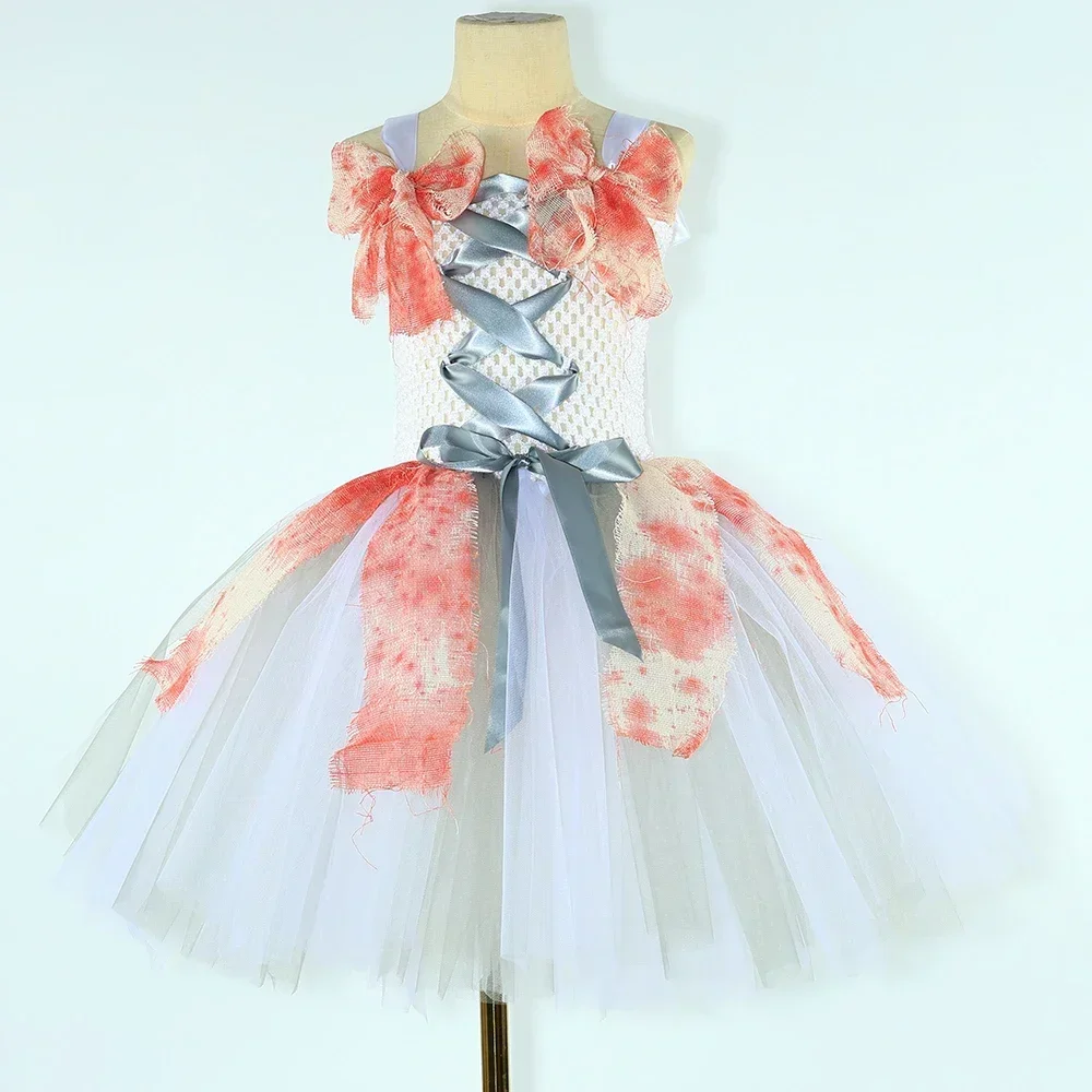 Bloody Ghost Zombie Bride Costume for Girls Scary Halloween Tutu Dress Kids Day of The Dead Carnival Party Role Play Dress Up