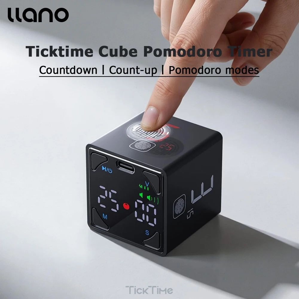 llano Ticktime Pomodoro Timer Cube, Temporizador de Produtividade, Pausa e Retomada, Silencioso, Vibração e Alerta Sonoro Ajustável, para TDAH, Tarefas