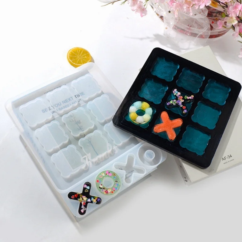 A32P_Tic Tac Toe Game Resin Molds Silicone XO Chess Board Epoxy Resin Mold DIY Craft for Kids and Adults