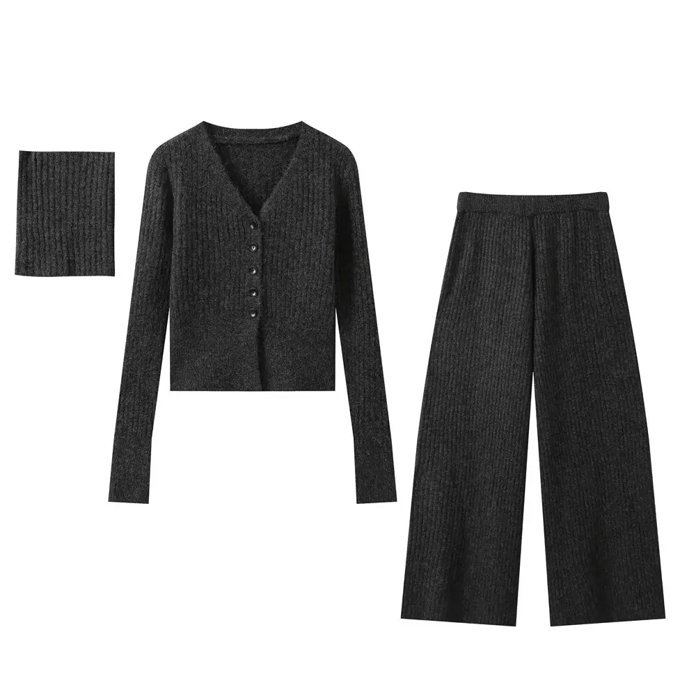 TRAF Women 2024 Autumn and Winter New Fashion Knitted Three-Piece Set Chic V-Neck Long Sleeve Cardigan Wide Leg Pants suit Mujer