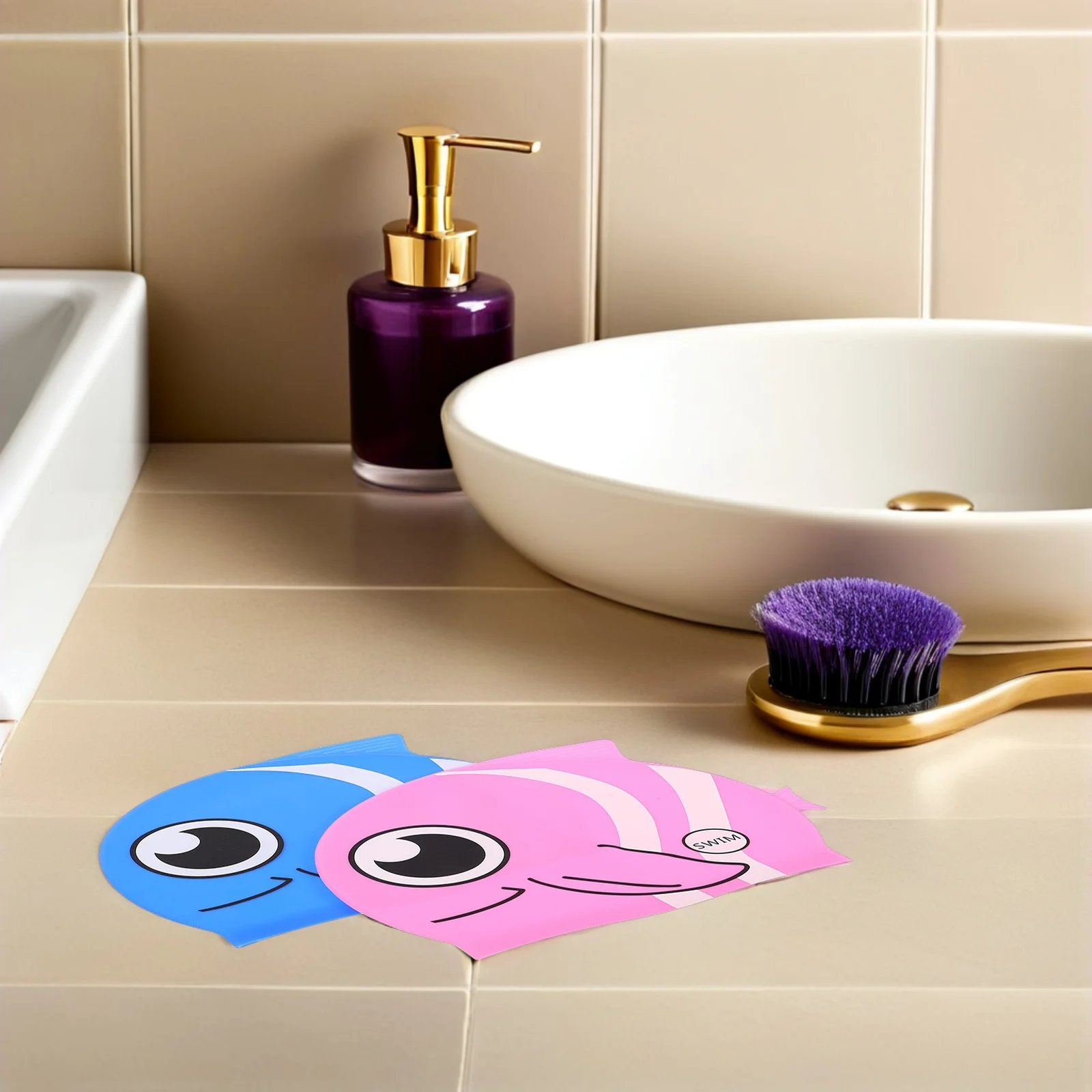 

2pcs Cartoon Fish Silicone Swimming Cap for Kids Waterproof Ear Protection Swimmers Hat Toddler Children Blue Pink Dual for Kids