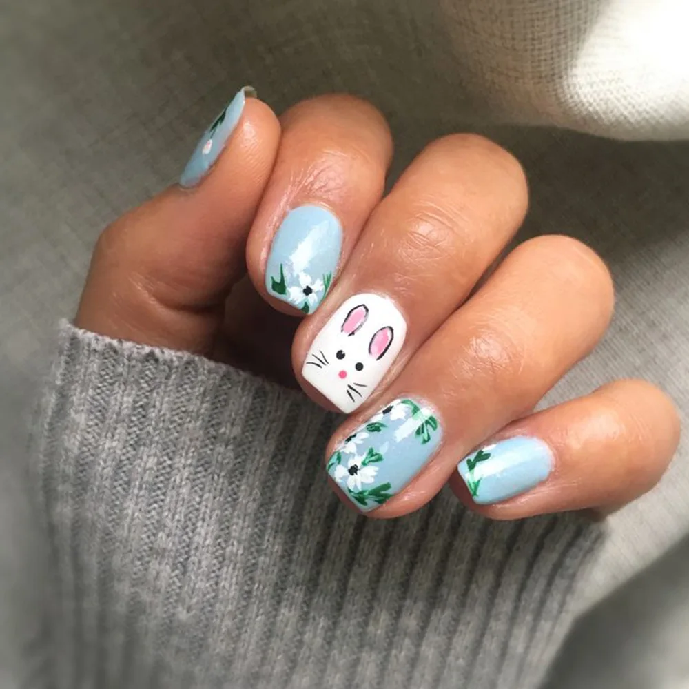 24pcs Ins Macaron rabbit Press on Nails Small Flowers Print Fake Nail Tips Wearable Easter Cute Short Round False Nails for Girl