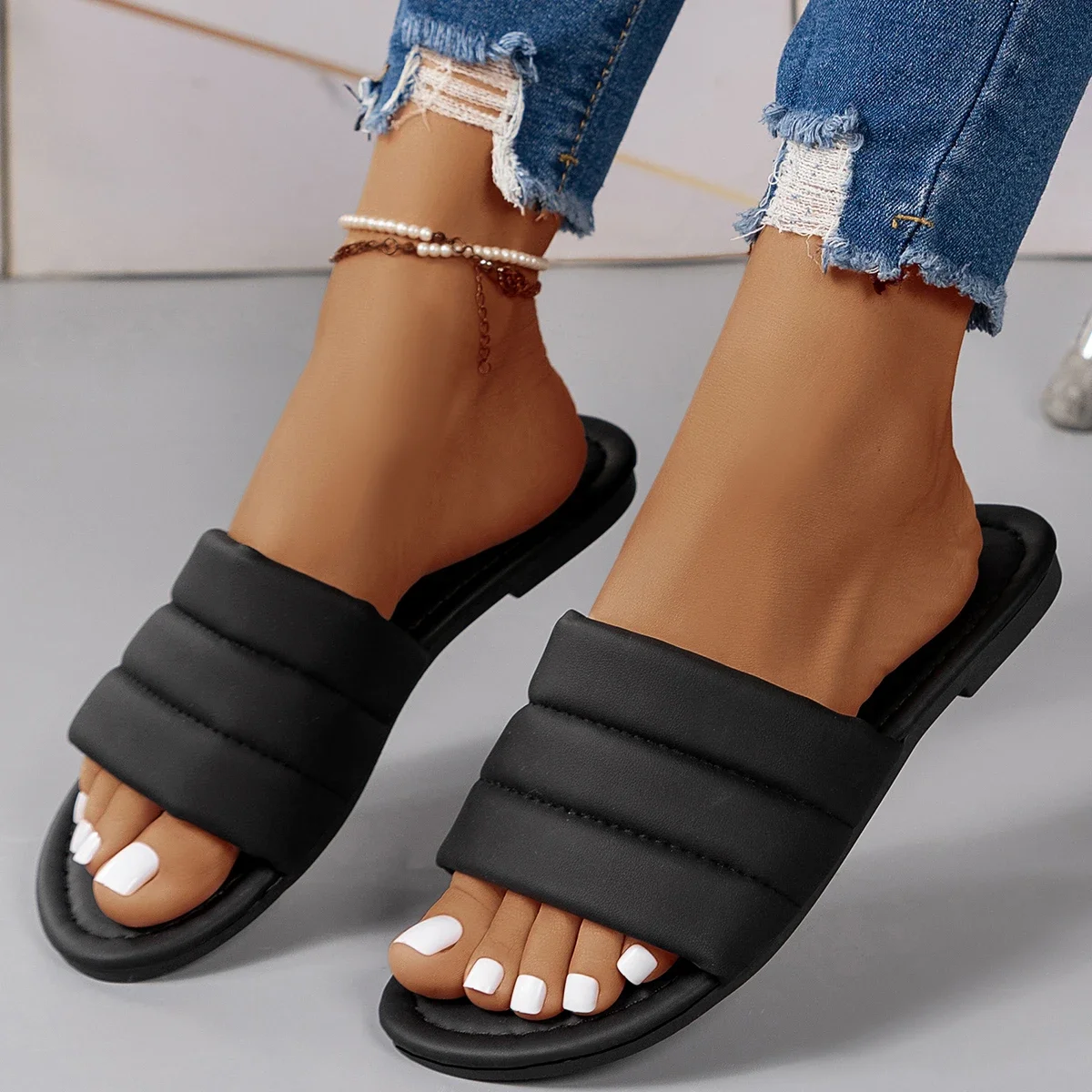 Slippers Casual Shoes Woman Beige Heeled Sandals Shale Female Beach Luxury Black Flat Summer Soft Sabot Fabric Fashion Slides