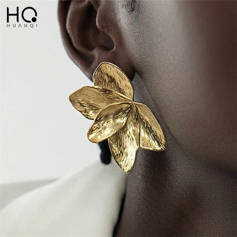 HUANQI Gold Color Metal Multi Leaf Alloy Flower Petals Texture earrings for Women Asymmetrical Minimalist Ins Vintage Jewelry