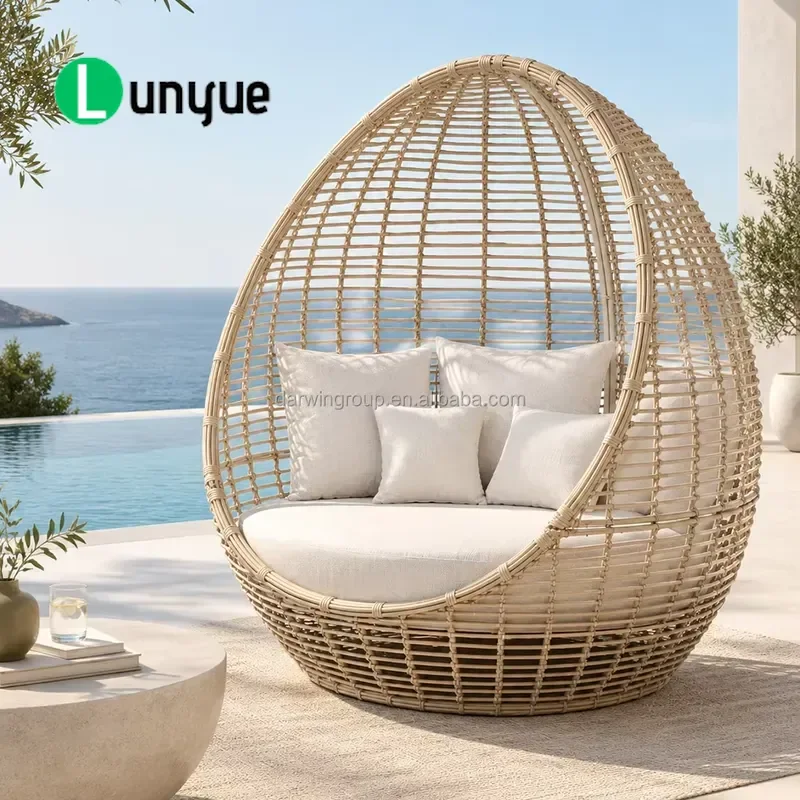 Deluxe Outdoor Rattan Wicker Egg Chaise Lounge with Cushion for Poolside Terrace Solarium Hotel Resort Furniture