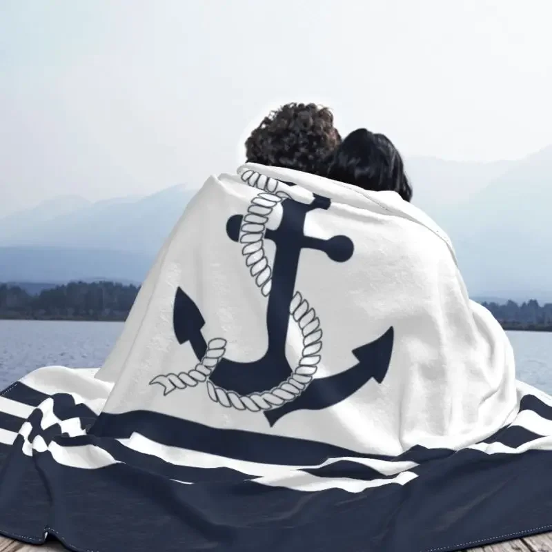 Ultra-Soft Fleece Nautical Blue Anchors With Blue And White Stripes Throw Blanket Flannel Sailing Sailor Blankets Bedspreads